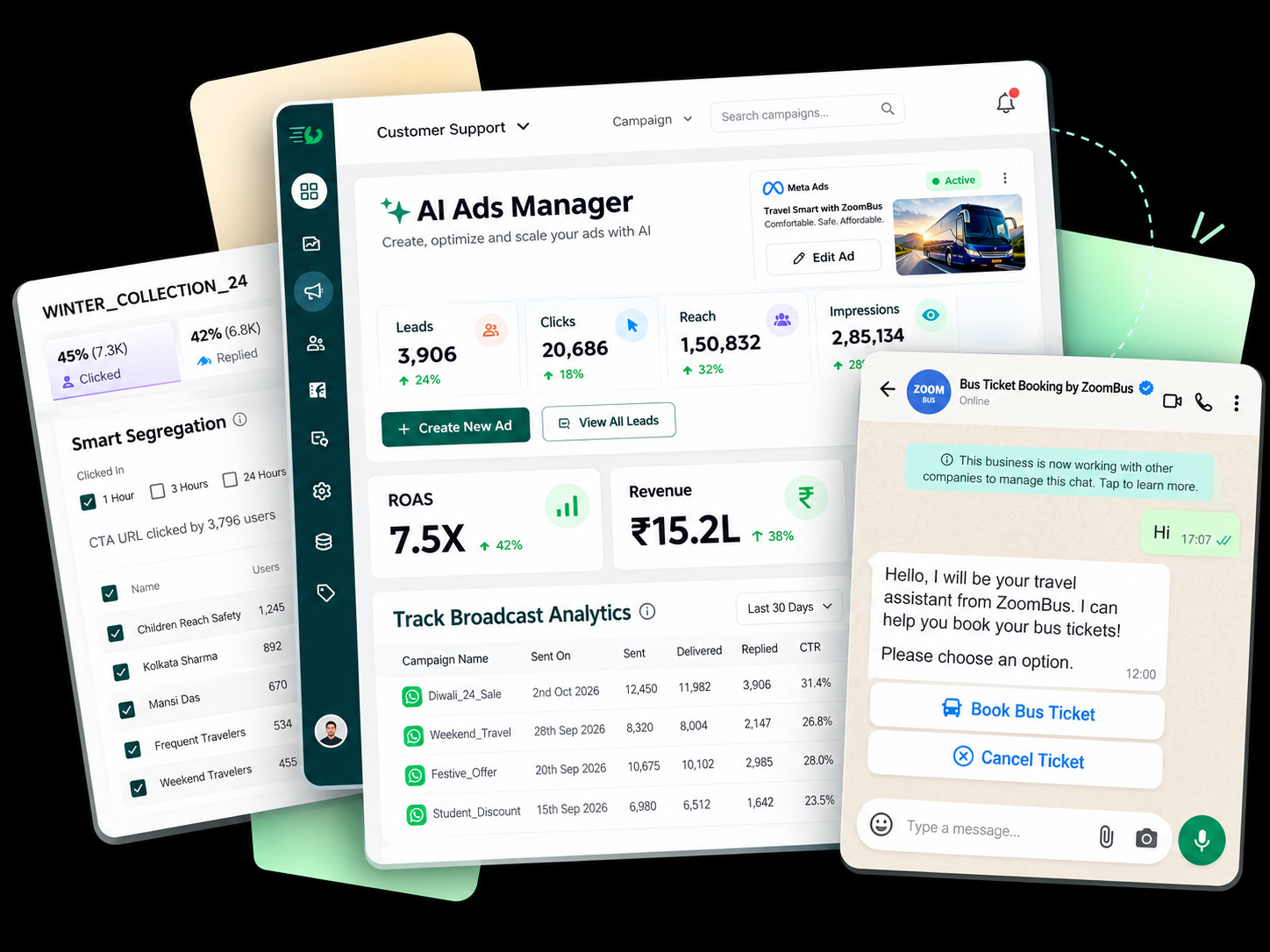 Click to WhatsApp ads dashboard with lead form chat integration