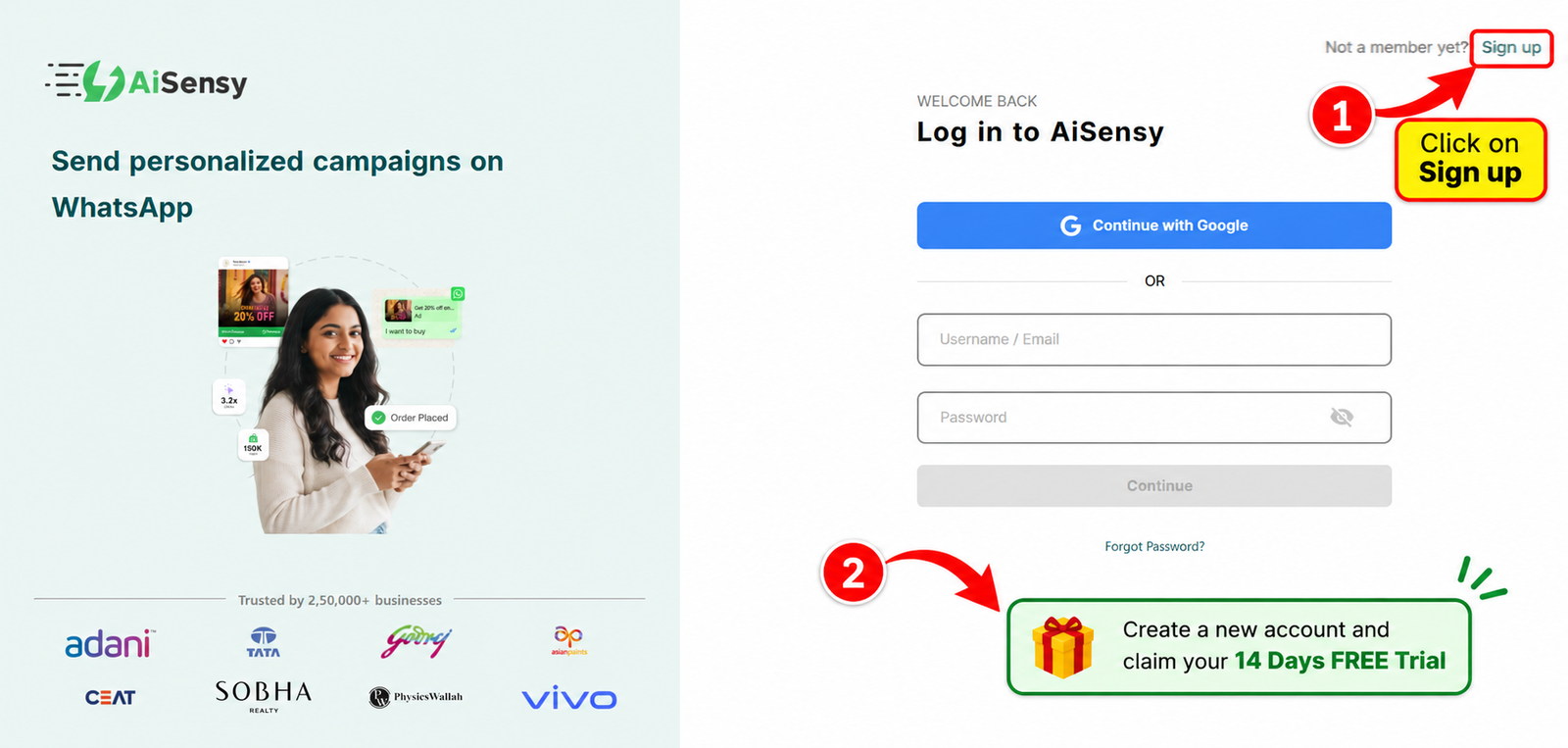 AiSensy sign-up guide with free trial callouts